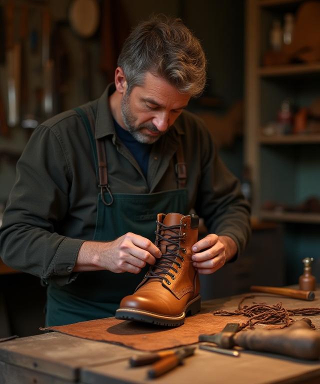 En håndværker der arbejder på en læderstøvle i Enebær Sti's værksted