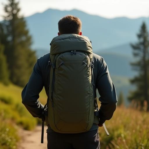 En vandrer set bagfra med en specialtilpasset Enebær Sti rygsæk