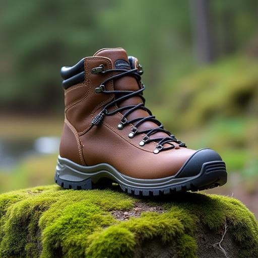 En robust vandrestøvle på en mosbeklædt klippe