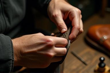 Nærbillede af en håndværker, der reparerer en støvlesål